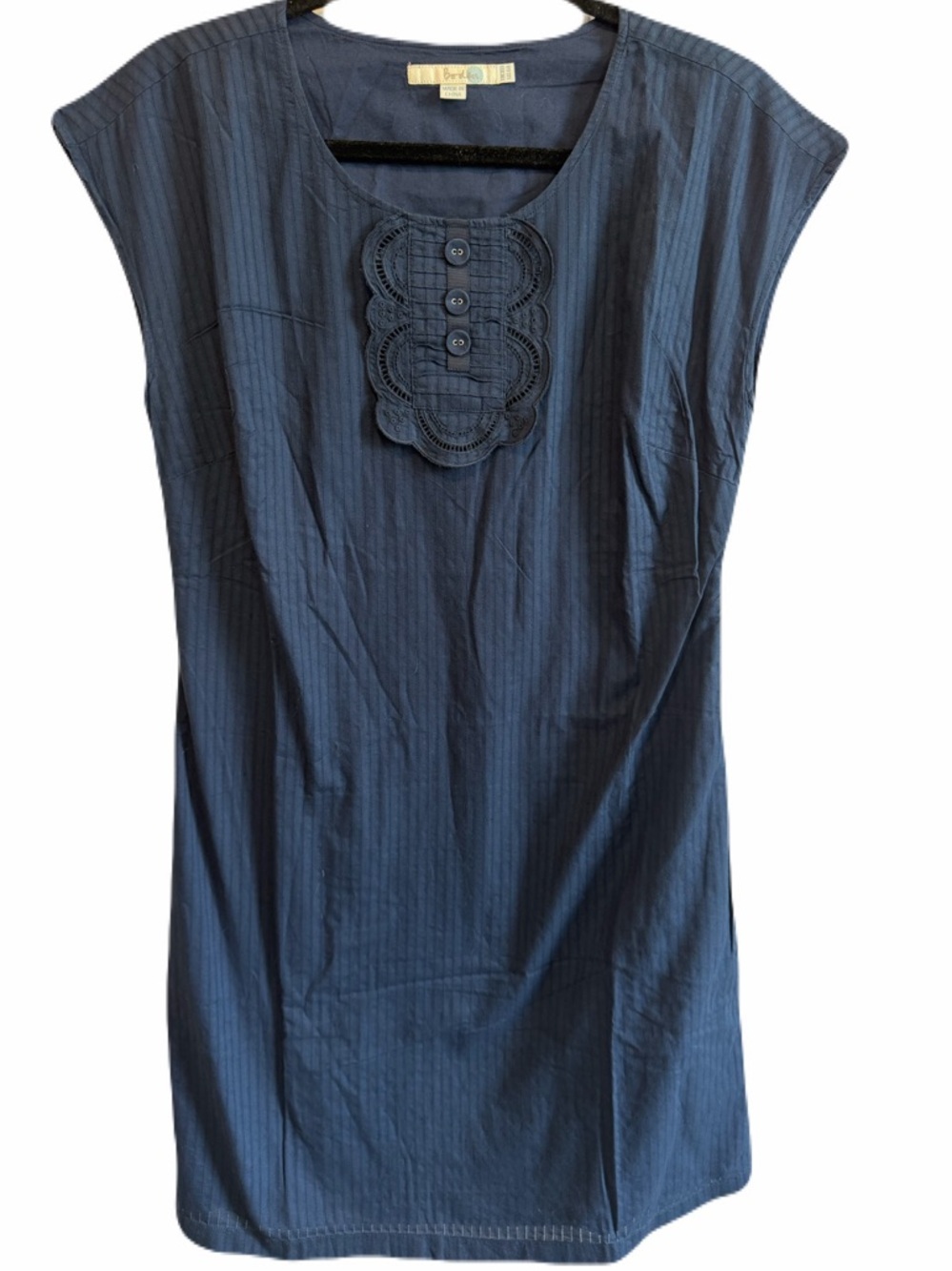 Boden Women’s 100% Cotton Navy Shift Dress with Lace Detail and Buttons - 10